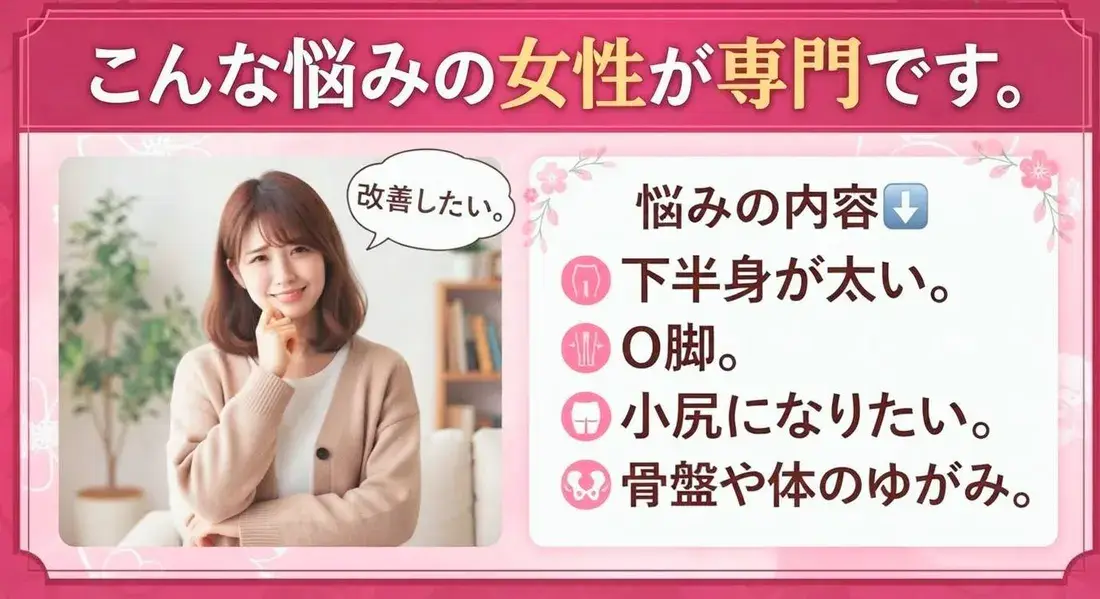 こんな悩みの女性が専門です。下半身が太い・O脚・小尻になりたい・骨盤や体のゆがみ